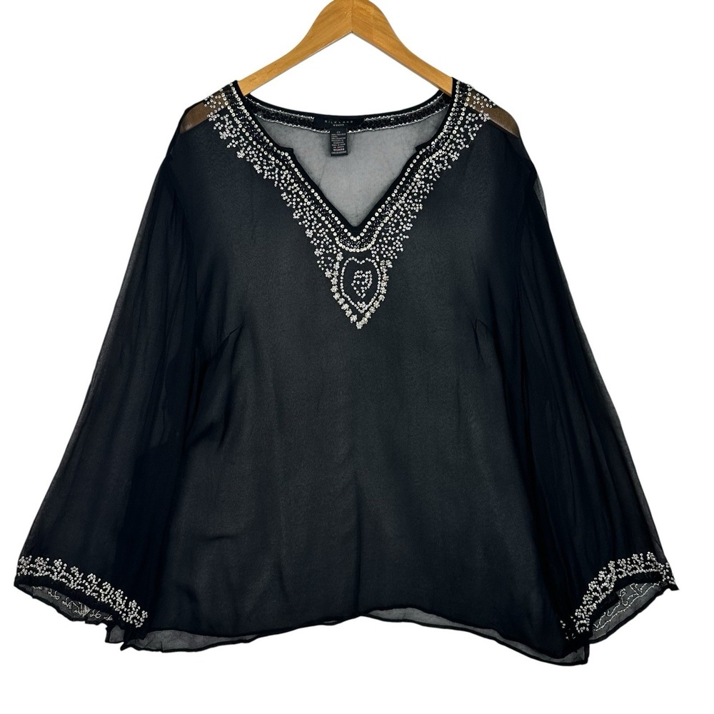 SilkLand Woman Black Silk Beaded Tunic Blouse 2X Sheer Boho Festival Plus‎ Size